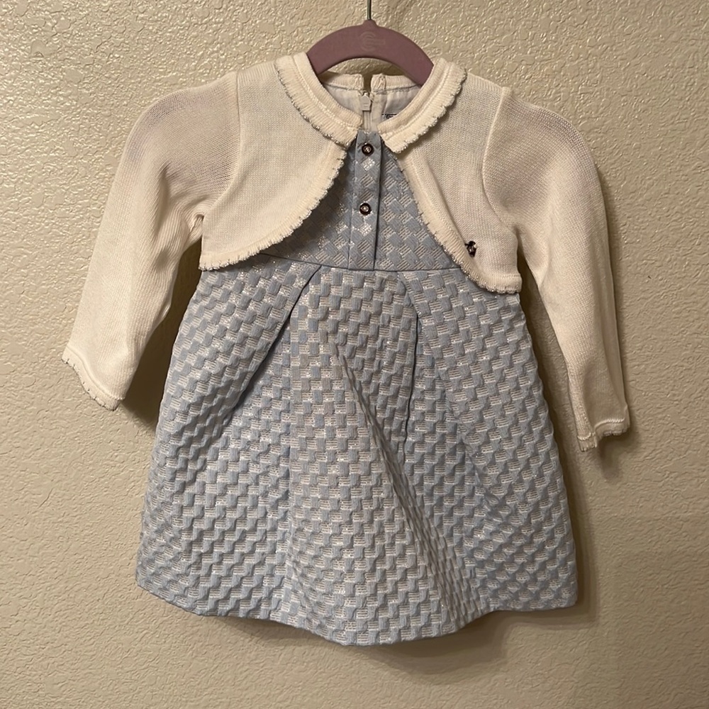 Mayoral 18 month dress. Blue with attached white long sleeve cardigan.